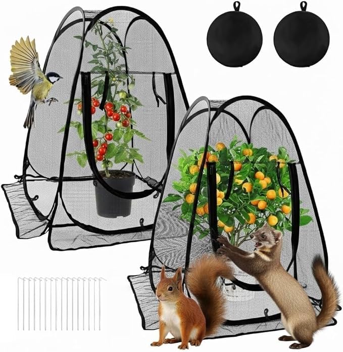 2 Pack Pop Up Plant Protectors, 28x28x32 Inch Mesh Plant Covers from Animals, Garden Netting Tent Cage with Stakes to Guard Vegetables & Flowers from Birds, Rabbits, Insects
