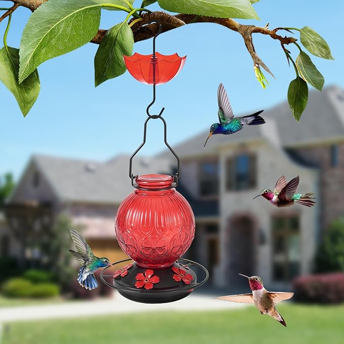 Glass Hummingbird Feeders for Outdoors Hanging, 23Oz Humming Bird Nectar Feeders with Perch, 5 Flower Feeding Ports, Leak Proof Base and Hook for Garden Decor, Gifts for Mom Women (Red)