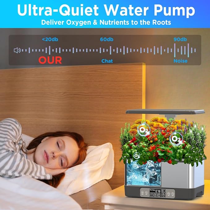 Hydroponics Growing System Indoor Garden, Smart Indoor Herb Garden with Grow Light, In door Gardening System 8 Pods, APP & WiFi Control, Auto Timer, Quiet Pump, Stainless, Gift for Women Mom, Gray