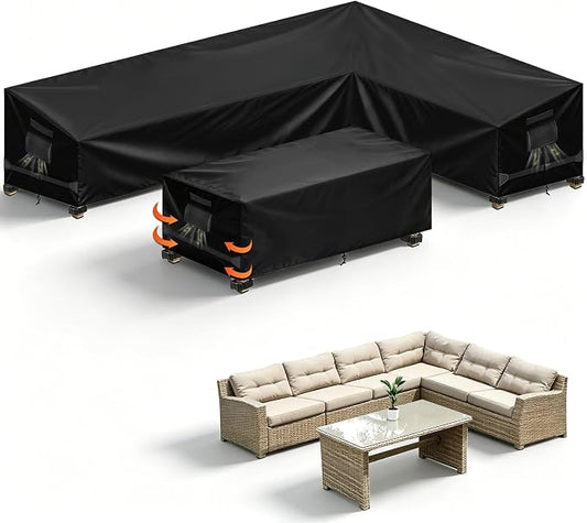 Outdoor 2PCS Patio Furniture Set Covers, 420D Patio L-shaped Sofa Cover and Table Cover Waterproof, Fit 6-Seater Outdoor Sectional Furniture Couch and Tables, Triple Windproof and Anti-UV, Black