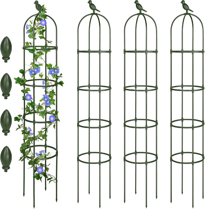 Sadnyy 4 Pack 6 ft Garden Obelisk Trellis for Climbing Plants Outdoor- Heavy Duty Rustproof Metal Pipe with Plastic Coated Plant Trellis for Clematis Grape Pea Vines Tomatoes Cucumbers Flowers(Green)