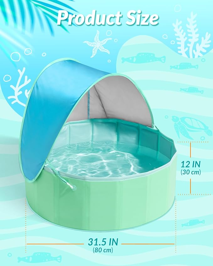 Hikiddy Foldable Kiddie Pool with Canopy: 31.5in/ 47in /63in for Baby Toddler Kids Family - Summer Water Play Pool with Shade - Portable for Outdoor Backyard Beach (Blue & Mint, 31.5in)