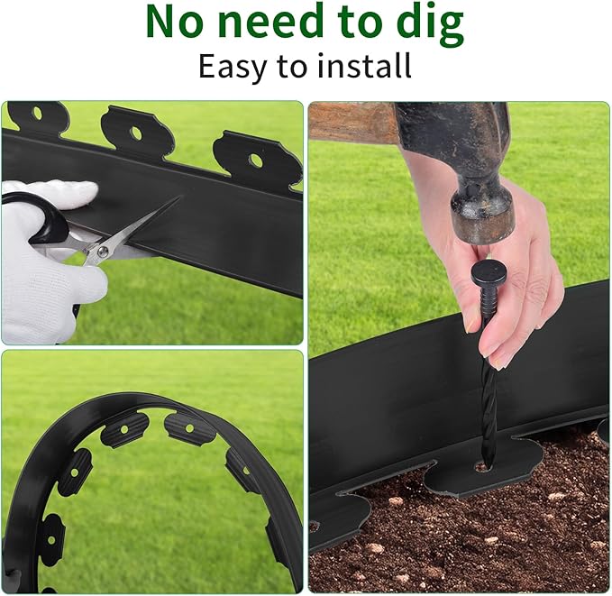 1.5 in x 66 Ft Garden Landscape Edging, No Dig Garden Edging Border Kit with 121 Pcs Spikes for Flower Bed Lawn Yard Grass Black
