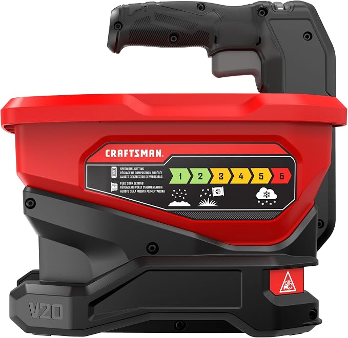 Craftsman V20 Four Season Seed Spreader Handheld, 1.2 Gal, 6 Speed, Fertilizer Spreader, Salt, Ice Melt, Covers up to 5,000 sqf per Tub, Tool Only (CMCOE300B)