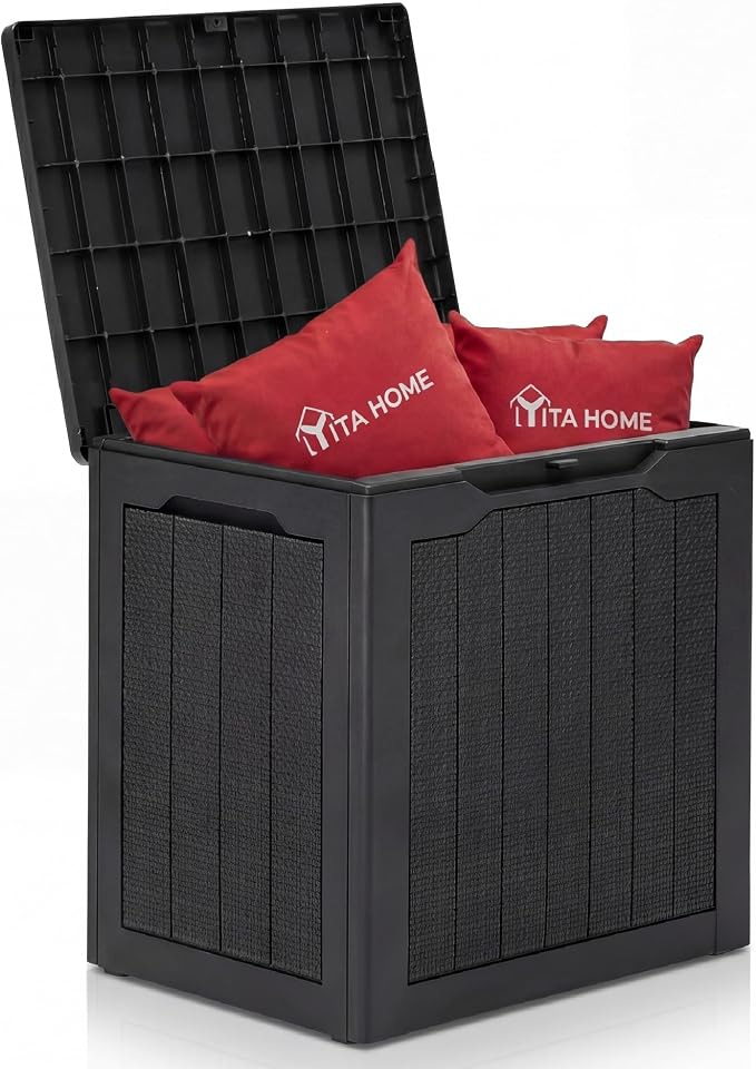 YITAHOME 32 Gallon Outdoor Deck Box, Waterproof Storage Box with Lockable Lid & Side, Resin Storage Container for Patio Furniture, Pool Accessories, Cushions, Garden Tools Equipment(Black)