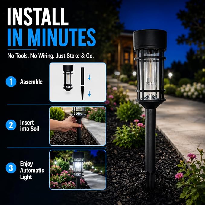 ILANCK 12 Pack Solar Lights Outdoor Parhway, Metal & Glass 21" Large Solar Pathway Lights, Solar Powered Garden Lights for Yard, Landscape, Driveway Walkway