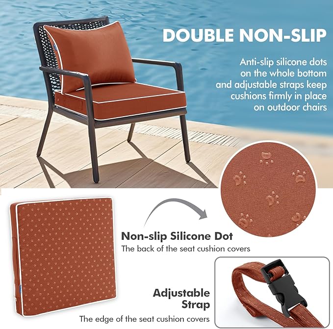 MIULEE Burnt Orange Outdoor Seat Cushion 24x24 Inch Waterproof & 3 Year Fade Resistant Deep Seat and Back Cushion for Patio Furniture Chair Sofa Couch with Handle and Adjustable Straps