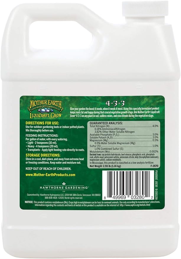 Mother Earth Products Mother Earth LiquiCraft Grow 4-3-3 Liquid Plant Fertilizer for Vegetative Plants, Flowers and Tomatoes, Quart