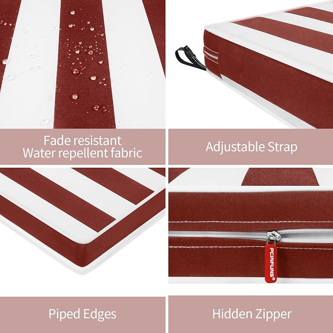Patio Chair Cushions 24x24 Inch, Water Repellent Outdoor Seat Cushions with Adjustable Straps, Fade Resistant Replacement Cushions for Garden Deck Sofa Couch, Set of 2, Red White