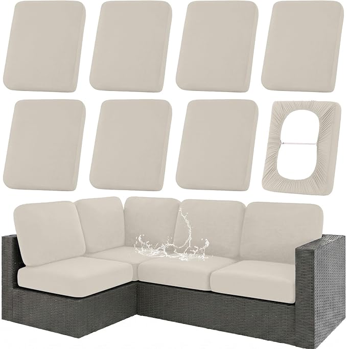 hyha Waterproof Outdoor Cushion Covers for Patio Furniture, Stretch Patio Chair Cushion Slipcovers, Coated UV Resistant Replacement Seat Covers, Solid Color (Taupe, 8PC)