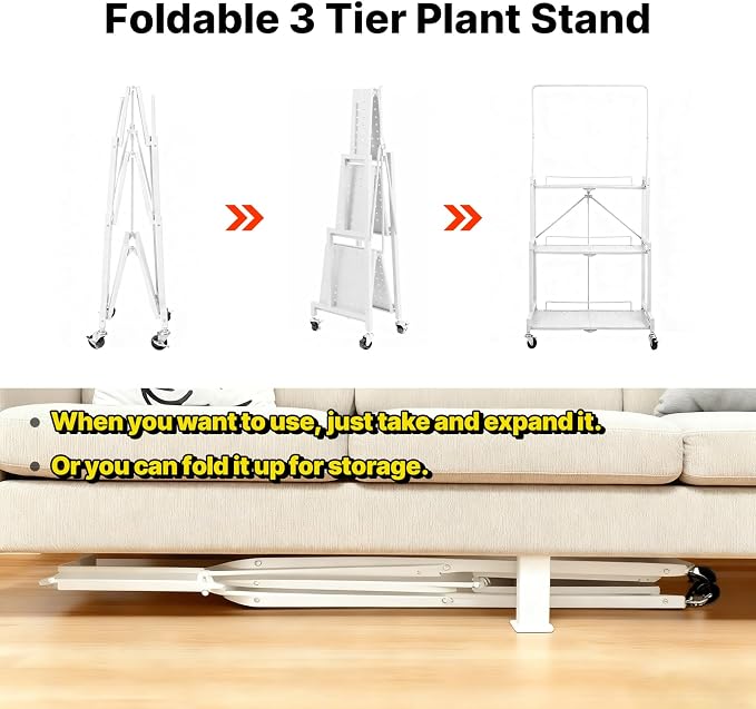 4-Tier Foldable Plant Stand with Wheels, No Tools Assembly, Sturdy Step Shelf for Indoor Outdoor Use, White – Organize Pots, Save Space, Roll & Store Easy