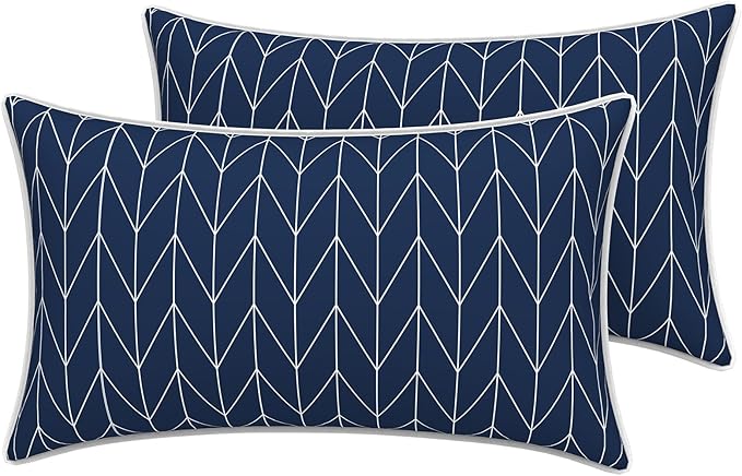 LVTXIII 2 Pack Outdoor Lumbar Pillow Covers 12x20 Inch with Piping, Water-Repellent Back Cushion Covers ONLY for Patio Furniture, Sofa, Garden Bench, Herringbone Navy