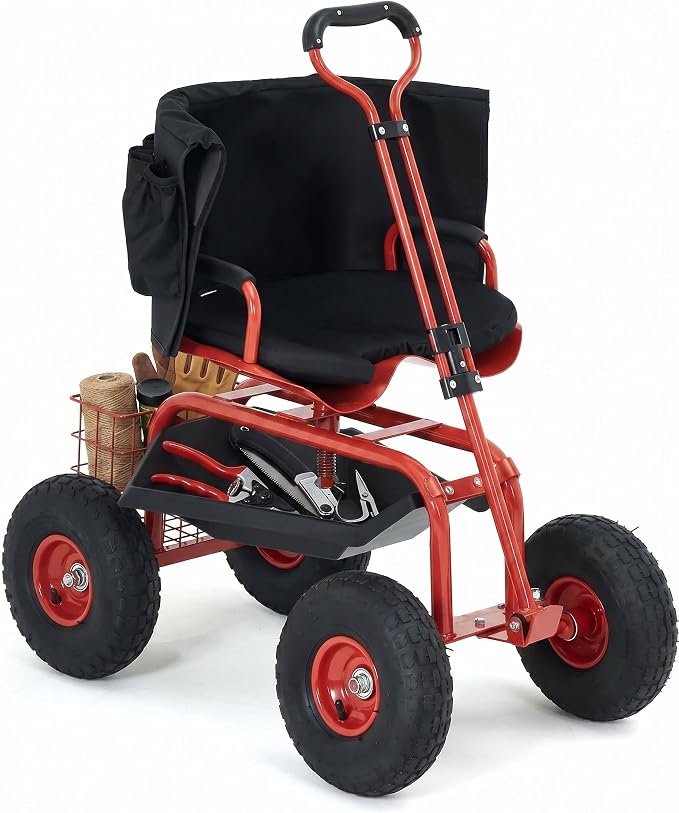 Garden Cart Rolling Workseat with Wheels, 360° Swivel Gardening Stool, Extendable Steering Handle & Utility Tool Tray, 10-Inch Inflatable Tires, Reinforced Steel Construction for Patio, Yard, Outdoor