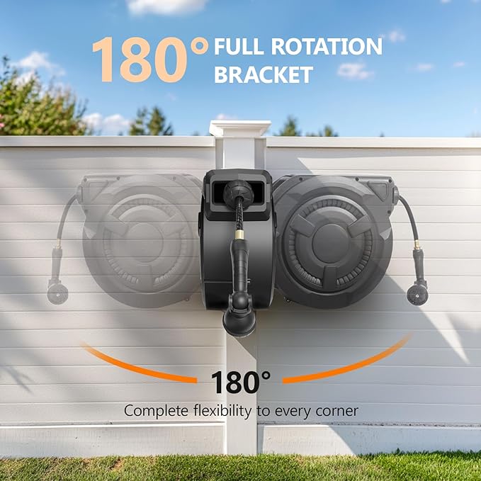 wikiwiki Retractable Garden Hose Reel 1/2 in x 65 ft, Heavy Duty Wall Mounted Hose Reel with 10- Function Sprayer Nozzle, Automatic Slow Return System/180°Swivel Bracket/UV Resistant (Black)