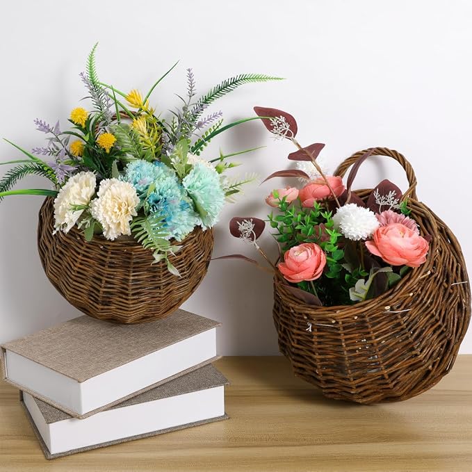 Gatuida 2Pcs Rattan Hanging Flower Basket, Wall-Mounted Woven Planter Rustic Flower Pot, Light Brown, 12.20 x 10.62 x 4.72 Inch