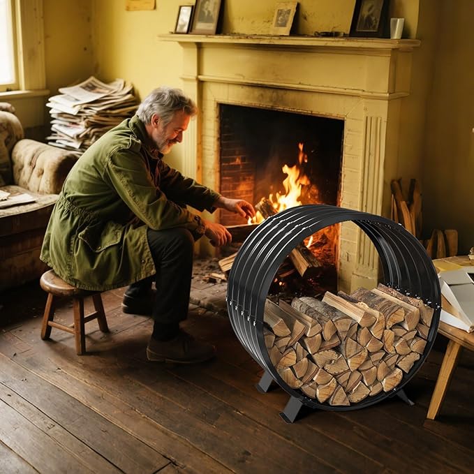 Round Metal Sheet Firewood Rack Indoor by Fireplace/Outdoor Beside Fire Pit-with Metal Legs,Rustproof,Durable & Stylish Firewood Holder (Circle, 24 Inches Diameter)