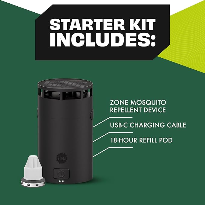 STEM Zone Mosquito Repellent Device, Easy-to-Use Outdoor Insect Protection with Proven Essential Oils, People and Pet Safe, Solar and USB-C Charger, Waterproof - Includes 1 Device & 1 Pod