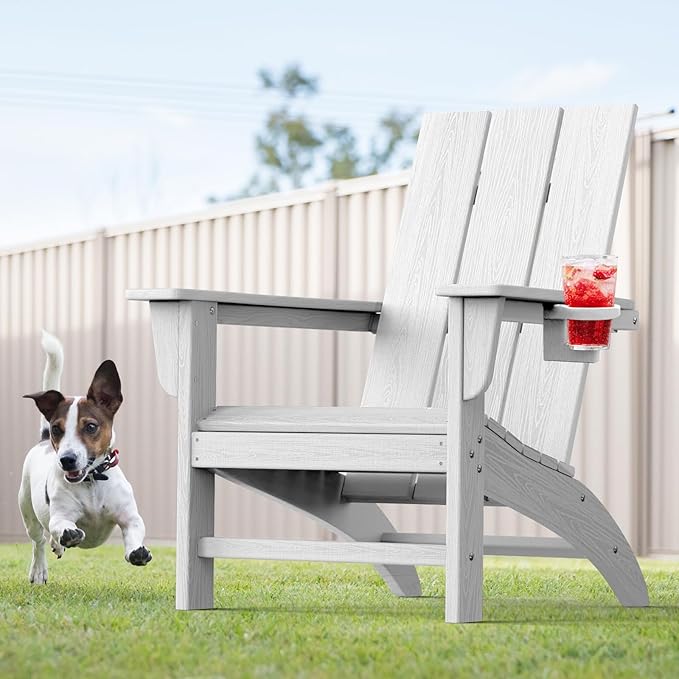 Modern Adirondack Chair with Cup Holder, HDPE Plastic Patio Chairs for All Weather, Fire Pit Chair, Outdoor Lawn Chairs for Deck, Porch, Backyard, Garden, White