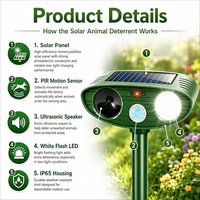 4 Pack Upgraded Sonic Deer Repellent Devices,Solar Ultrasonic Animal Repeller Outdoor for Racoons,Squirrels,Cats,Rabbits,Skunks & Foxes,Waterproof Motion Sensor Animal Deterrent for Garden Yard