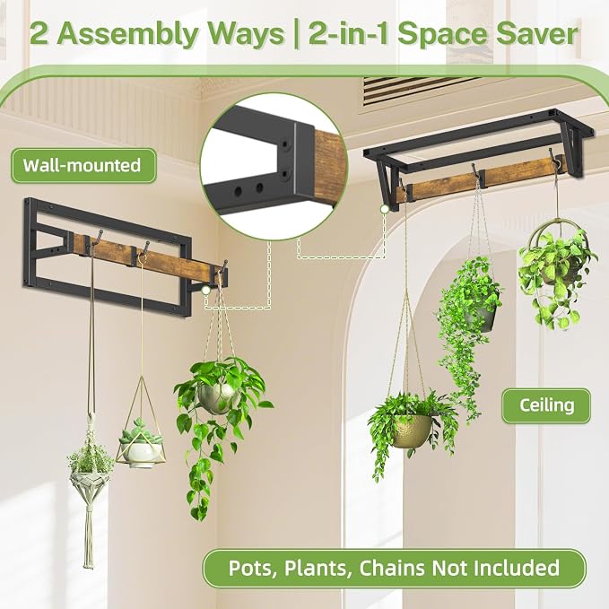 iDavosic.ly Plant Hanger Indoor Set of 2 for Wall & Ceiling, Metal and Wood Hanging Rod with 6 Hooks, Floating Flower Display Shelf for Window, Space Saving (Pots/Chains/Plants Not Included)