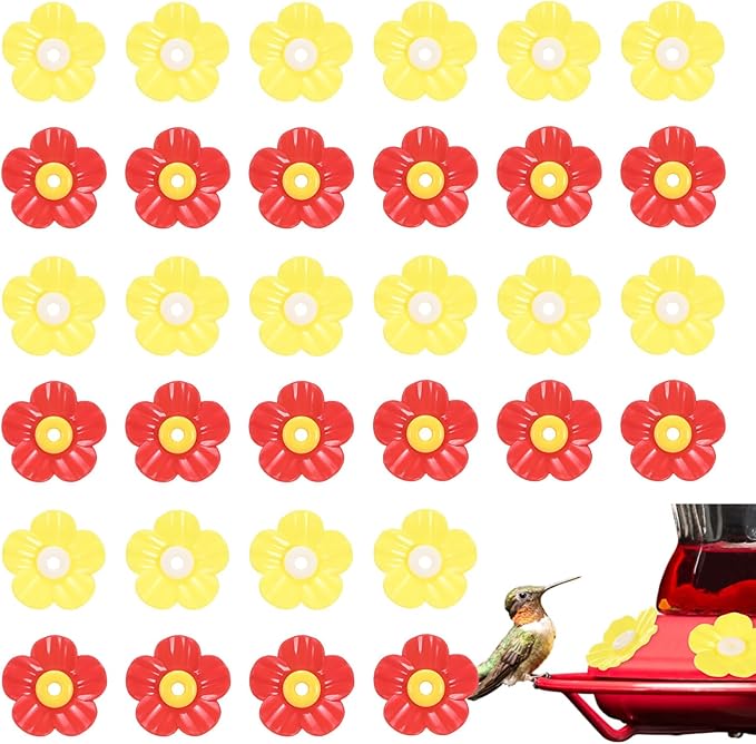 M METERXITY 32-Pack Hummingbird Feeder Replacement Flowers, Plastic Pet Hummingbird Feeding Parts Feeding Ports for Outdoor Hanging Feeders, Bees Guards [Yellow, Red]