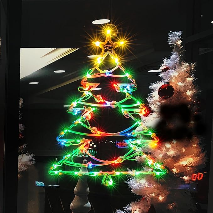 Christmas Window Silhouette Lights, Lighted Christmas Tree Double Sided Decorations with 50 Count Incandescent Mini Light for Holiday Indoor Wall Door Glass Decor