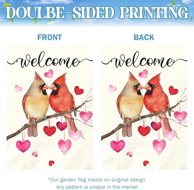 Welcome Valentine's Day Garden Flag Cardinal Love Heart Vertical Double Sided House Banner Holiday Anniversary Wedding Red Birds Large Yard Flags Farmhouse Valentines Day Decor 28 x 40 Inch