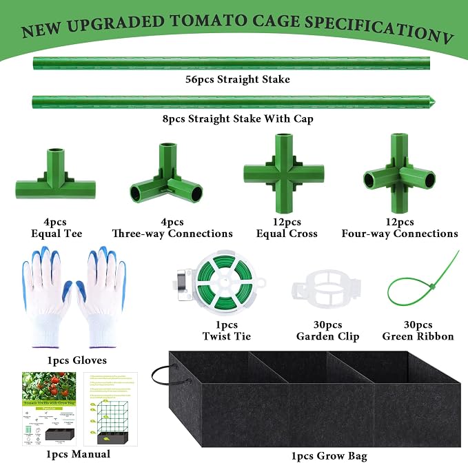 66x17x49 Inch Garden Tomato Cages with 46 Gallon Grow Bags, Square Plant Support Trellis Assembled with Planter Bags, Garden Cucumber Vegetables Frames for Vertical Climbing Plants