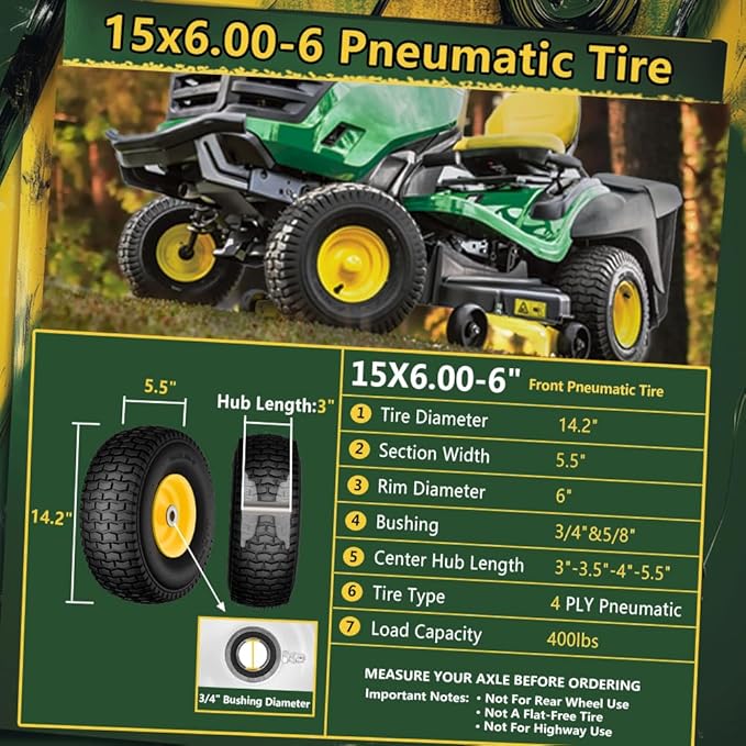 15x6.00-6 Tire and Wheel Assembly (2 Pack),Replacement Riding Lawn Mower Front Tires - With 3" Centered Hub and 3/4" Bushings (Extra 5/8" Bushings)