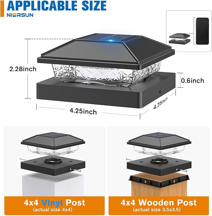 NIORSUN Solar Post Lights Outdoor, Fence Post Solar Lights Warm White, Waterproof, Garden Patio Fence Deck Decor, 4x4 Posts Cap Wood Vinyl, Black 16 Pack