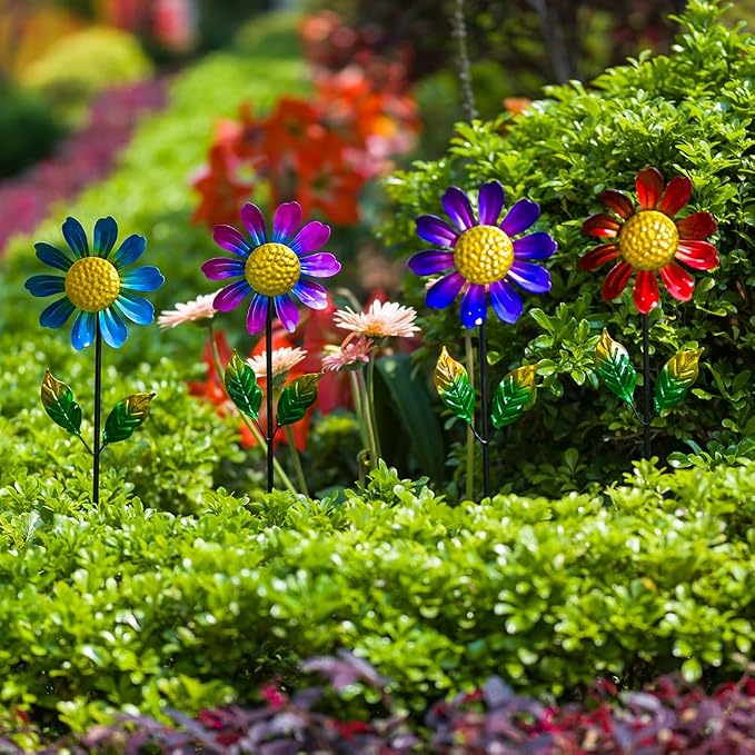 4 Pack Wind Spinner Outdoor,Waterproof Metal Flowers Windmill,Pinwheels for Yard and Garden, Flower Wind Sculpture & Spinner for Patio Lawn Decor