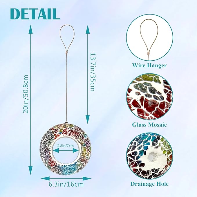 Hanging Bird Feeders for Outdoor Glass Mosaic Fly Through Wild Bird Feeder Round Shape Birdfeeder for Outside Garden Yard Patio Decoration Multicolor