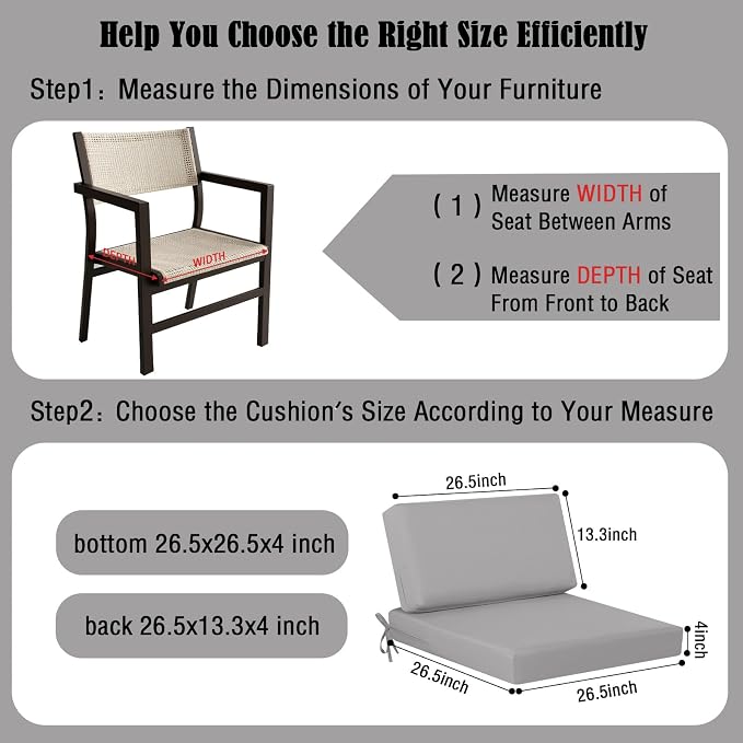 idee-home Outdoor Chair Cushions for Patio Furniture, Outdoor Seat Cushion | Waterproof Hampton Bay Deep Seat Replacement Couch Chair Cushions for Garden Backyard Grey 26.5 x 26.5