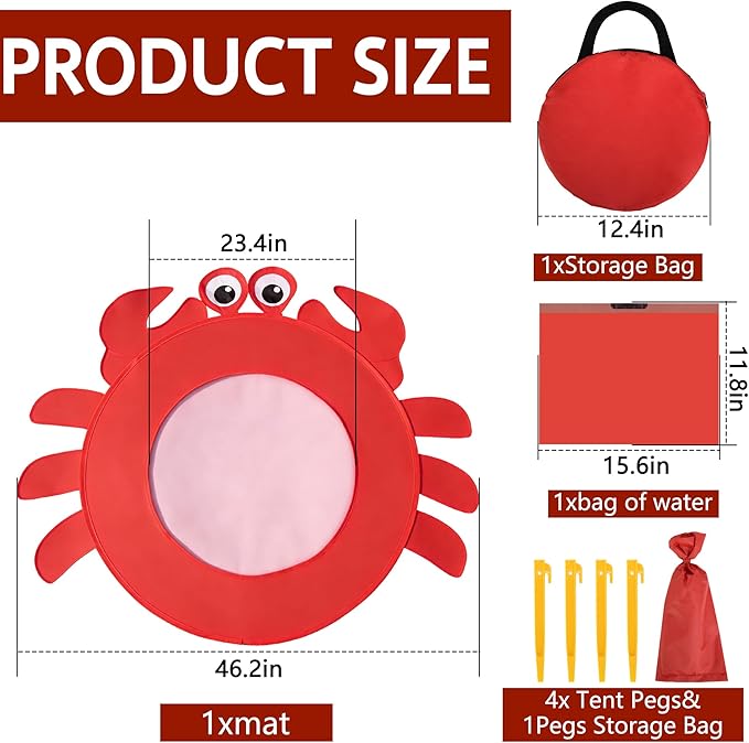 RunNico Pop Up Beach Pool, Portable Toddler Beach Pit with Water Bag and Storage Bag, Cute Shape Beach Pool Puddle for Outdoor Summer Beach Camping Traveling Vacation (Crab)