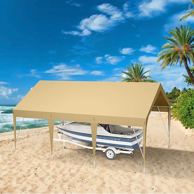 Heavy Duty Carport 12'x20' Portable Garage Car Canopy Waterproof Uv Protected Outdoor Storage Shed for Cars Boats, Khaki