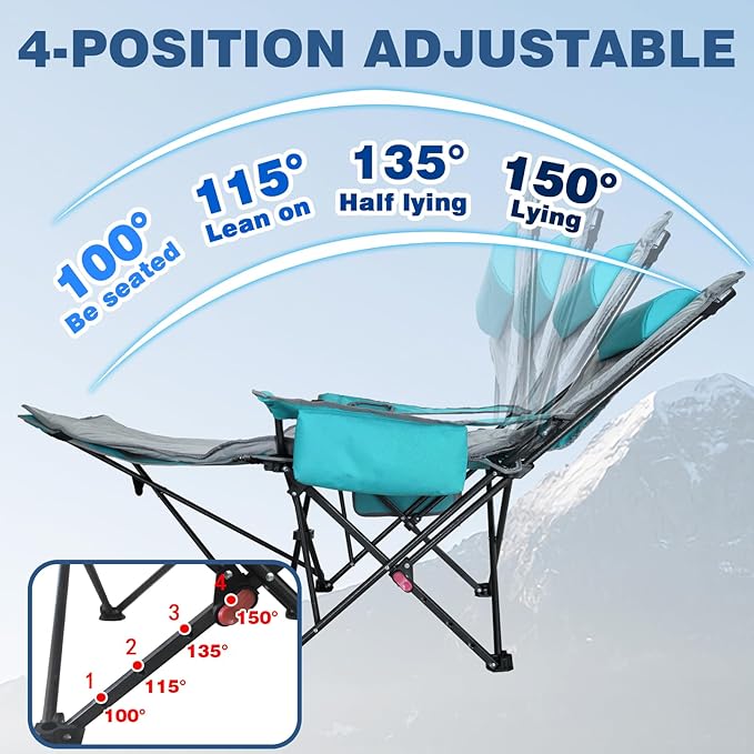 Reclining Camping Chair 4 Position with Foot Rest Comfortable for Adults 265Ibs Folding Lounger Mesh Beach Chair with Cooler Bag,Cotton Cushion and Cup Holder for Outdoor Patio