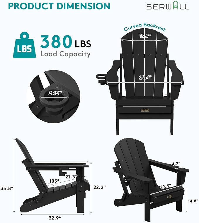 SERWALL Foldable Adirondack Chair Set of 4, All Weather Adirondack Chairs with Cup Holder for Patio Garden Outdoors Fire Pit-Black