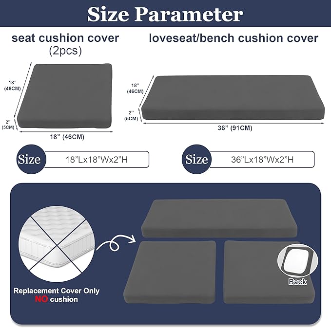 Waterproof 3-Piece Patio Sofa Cushion Cover Set - Replacement Covers for Outdoor Wicker Furniture, Bench & Seat Cushions