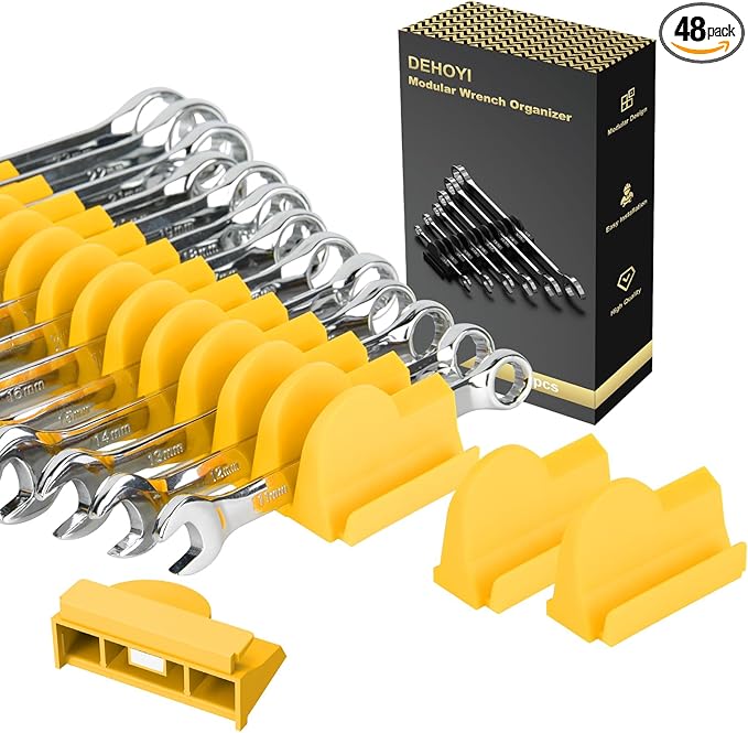 48 pcs MAGNETIC Modular Wrench Organizers for Tool Drawers - Wrench Rack with Metric&SAE Labels, Perfect Tool Storage Holder. Gift for father, brother and boyfriend (48pcs with magnet (yellow))