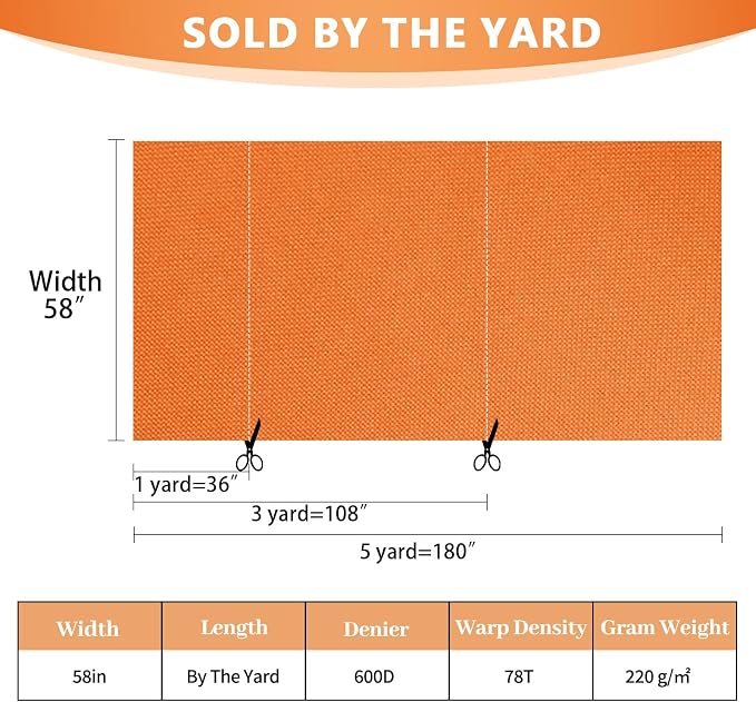 Canvas Fabric by The Yard, 58inch 600D Waterpoof Upholstery Material Polyester Fabric Outdoor Water Resistant Fabric for Sewing Chair Patio Cushion Bag Interior, Pre Cut 1 Yard Orange