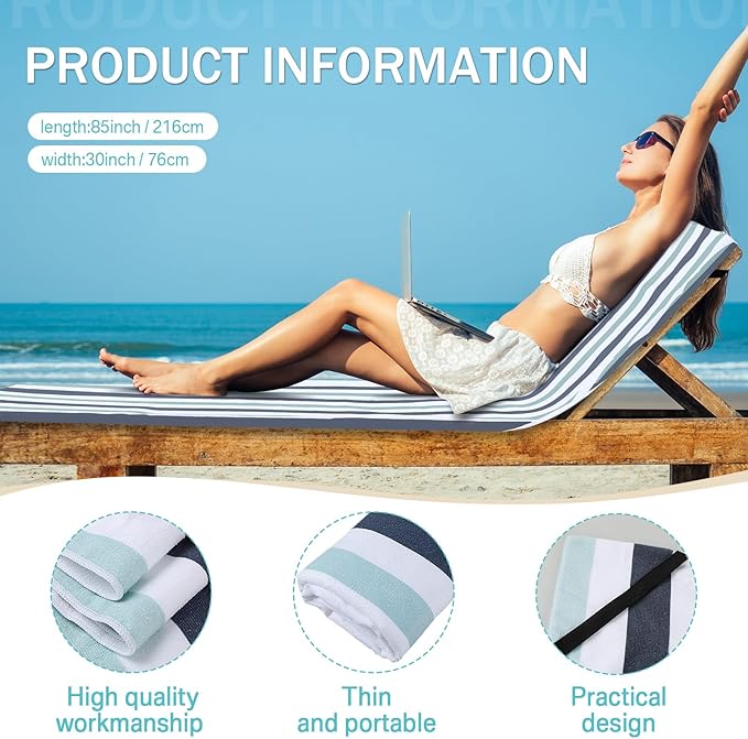 Fumete 2 Pack Lounge Chair Covers 30 x 85 Inch Pool Chaise Lounge Towels Microfiber Beach Chair Towel Portable Striped Outdoor Patio Furniture Cover for Sunbathing Picnic Spa(Blue and Green)