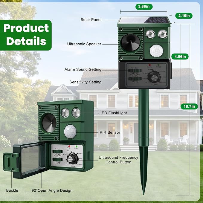Solar Ultrasonic Animal Repellent Outdoor, 2026 Upgraded Cat Repellent with PIR Sensor & Flashing Light, Deer Repellent Devices Cat Raccoon Squirrel Rabbit Skunk Deterrent for Patio Garden