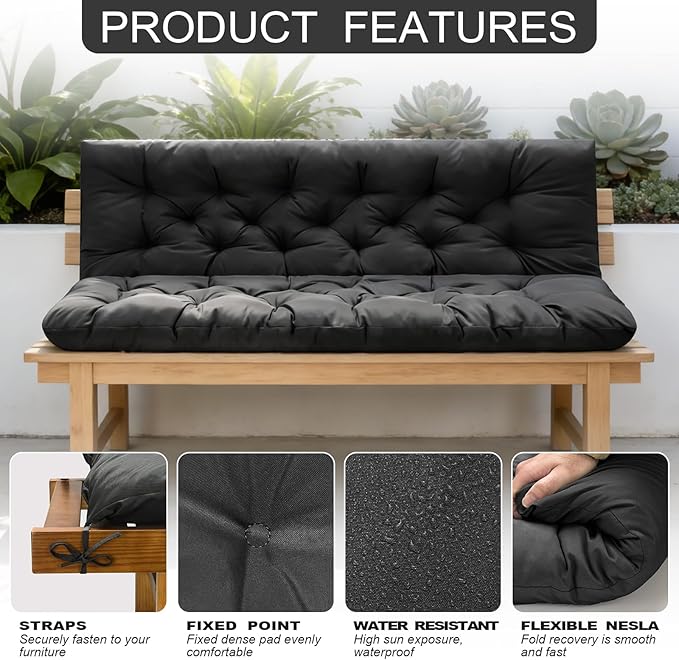 Porch Swing Cushions, Outdoor Swing Replacement Cushions 3 Seater with Backrest, Waterproof Bench Cushion with Ties,for Patio,Porch, Garden,Backyard