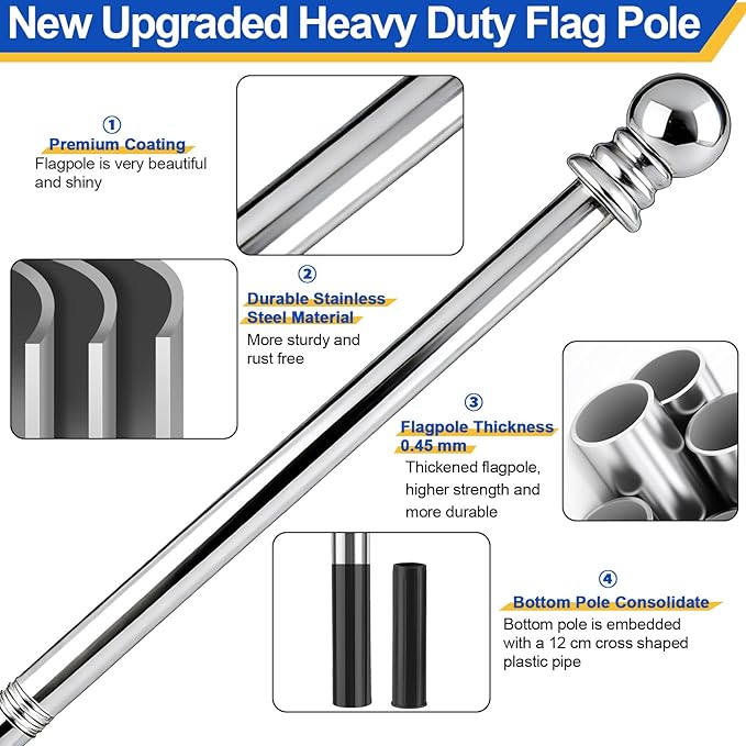 Flag Pole for Outside House, Heavy Duty Metal Flagpole for Residential, Outdoor or Porch, Stainless Steel Flag Poles, Upgraded Tangle Free Design, 1 Inch (5 FT, Sliver)