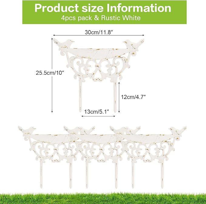 Sungmor Decorative Cast Iron Garden Edging Border, 4 Pack White Landscape Edging Low Picket Fence, 9.9inch Tall Outdoor Flower Bed Lawn Fence Panels, Vintage Metal Yard Decor Stakes