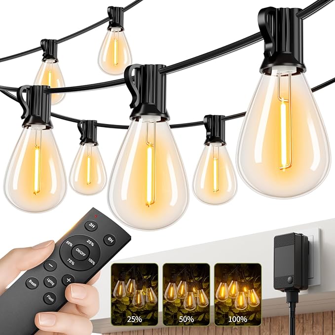 100FT LED Outdoor String Lights with Remote, One Continuous Strand Patio Lights with 35+1 Shatterproof S11 Bulbs, Dimmable 2200K Warm White, Timer & 3 Modes, Low Voltage for Backyard Garden