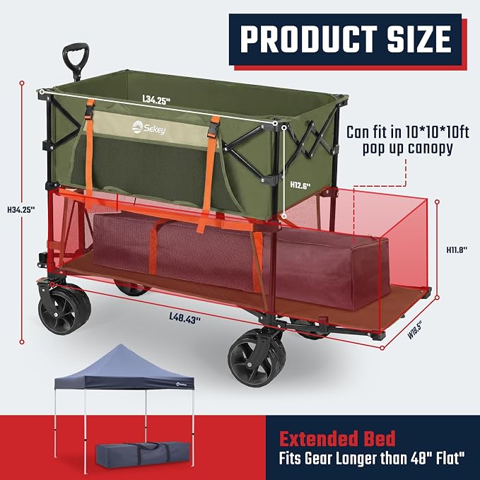 Sekey 500LBS Heavy Duty Double Decker Wagon with Extender, 400L Large Capacity Collapsible Garden Cart Fits 10x10 Canopy, All-Terrain Big Wheels with Brakes, Foldable Utility Wagon for Sports, Camping