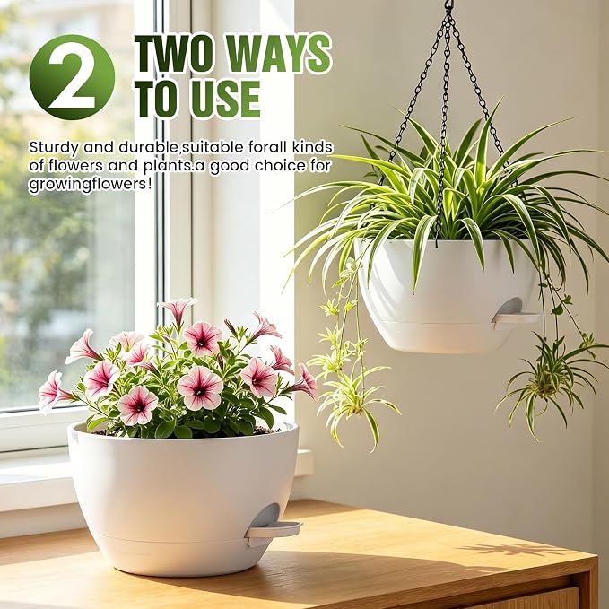 10 Inch Self Watering Hanging Planters, 3 Pack Plastic Plant Pots | Sturdy lightweight pot with side watering lip, drainage holes, snap-on detachable tray & hanging chain for easy care