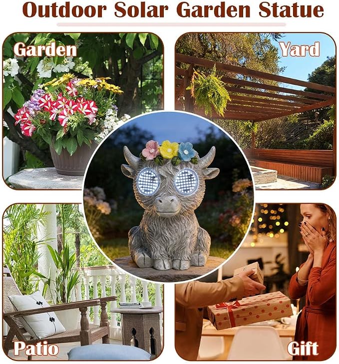 Outdoor Solar Garden Statue, Dynamic LED Light with Flower Sculpture, Art Decor for Patio Porch Lawn Backyard, Housewarming Gifts for Women (Stone Highland Cow)
