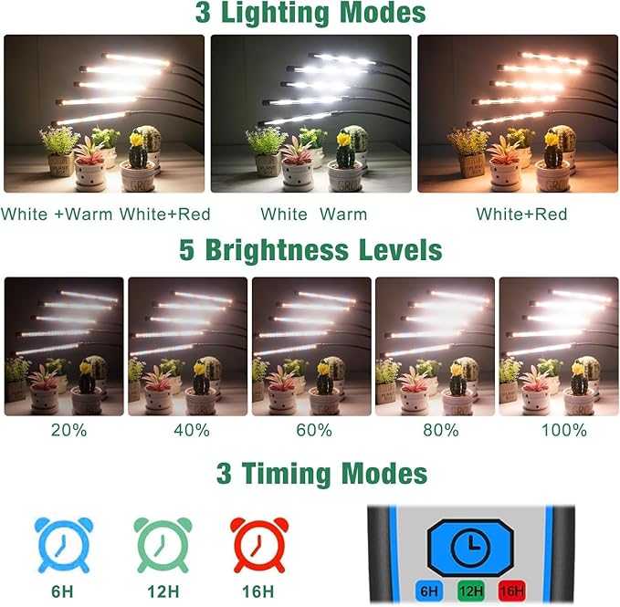 Garpsen Grow Lights for Indoor Plants, [2Pack] 100 LEDs Full Spectrum Plant Light with Timer 6/12/16H, 6000K Grow Lamp with 15~63''Adjustable Stand & Gooseneck, 3 Light Modes, 5 Levels Dimmable